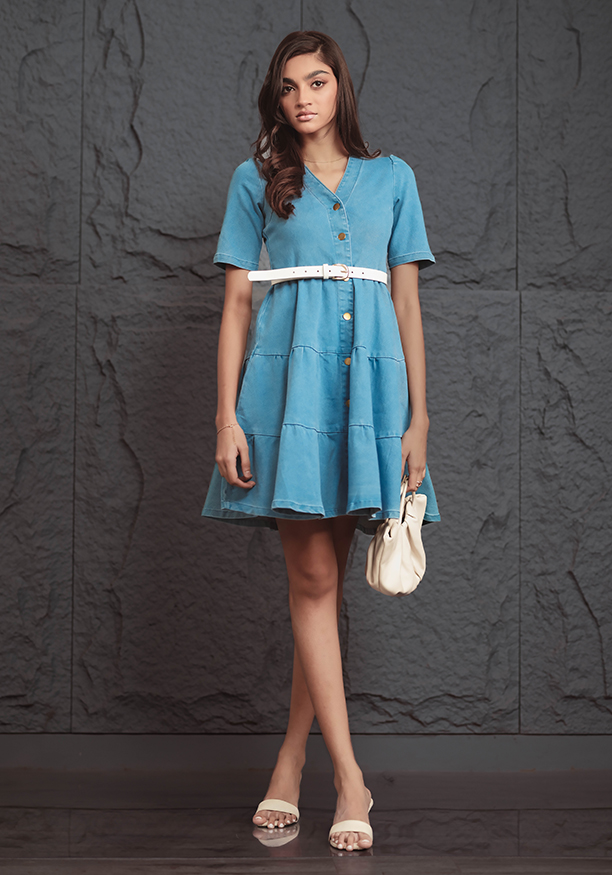 BARETTE DENIM RUFFLE DRESS